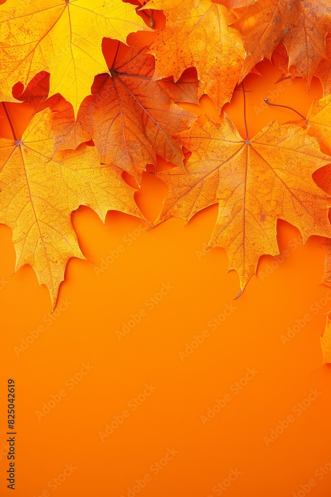 Poster autumn leaves on orange background with top view and ample space for text placement