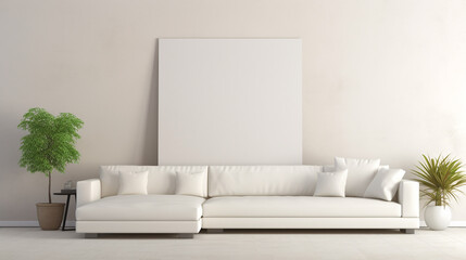 A minimalist living room with monochromatic white color scheme, featuring a low-profile white sectional sofa and a blank white frame mockup leaning against the wall.