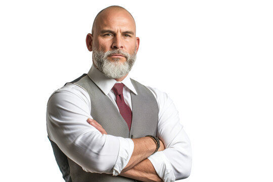 Confident Bald Man in Vest and Tie with Arms Crossed