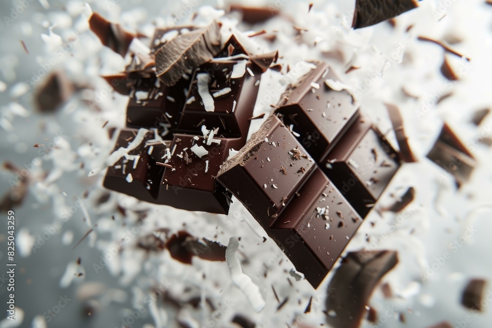 Poster indulge in the dynamic, high-speed burst of exploding dark chocolate delight with shattered shards a