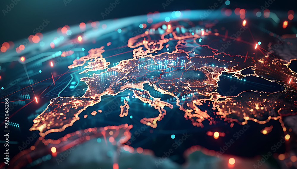 Poster digital globe centered on europe with glowing lights and connecting lines, symbolizing data transfer
