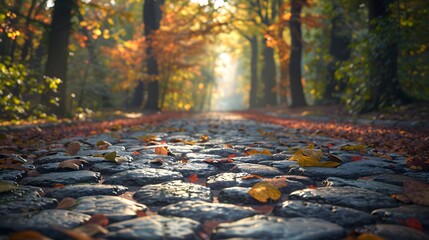 A cobblestone road leading through an ancient forest, with the stones glistening under sunlight and trees lining both sides of it.
