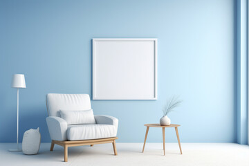A minimalist room with a burst of sky blue on one wall, featuring simple furniture and an empty white frame mockup.