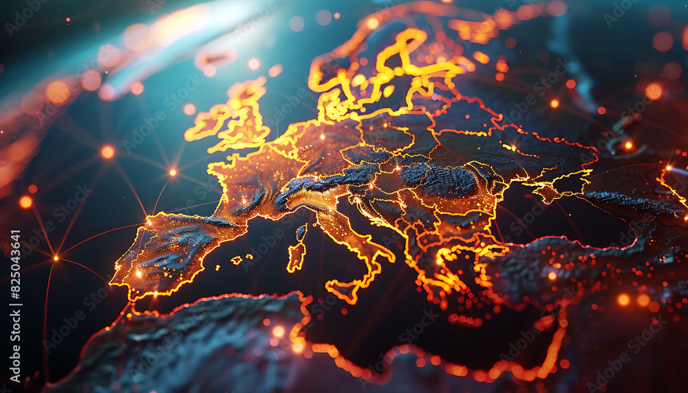 Leinwandbilder digital globe centered on europe with glowing lights and connecting lines, symbolizing data transfer