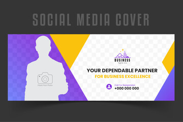 Corporate creative social media cover design template, digital marketing agency live webinar for business promotion on abstract purple and orange colorful shapes and white background