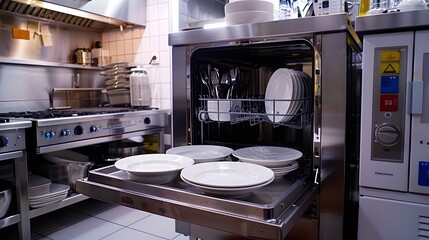 A commercial kitchen dishwasher machine with its door open, displaying clean plates and cutlery, highlighting the role of industrial cleaning equipment in food service settings.

