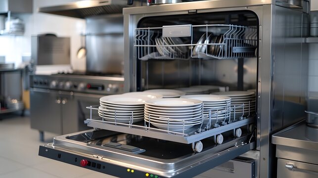 A commercial kitchen dishwasher machine with its door open, displaying clean plates and cutlery, highlighting the role of industrial cleaning equipment in food service settings.
