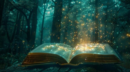 Night view, an open book with luminous text, words swirling like a magical vortex, deep forest setting