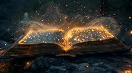 Night view, an open book with glowing words lifting off the pages, casting a spell under the night sky