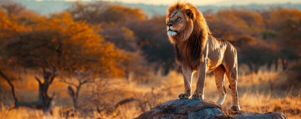 Majestic lion standing on a rock, looking into the distance, golden mane, savanna background,...