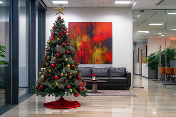 Christmas Tree in modern office near big window and building view in city
