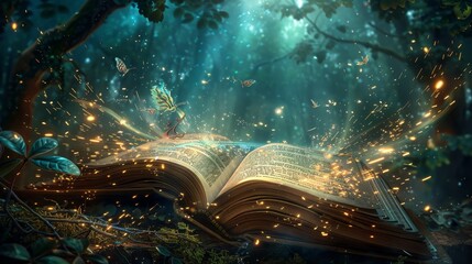 Night view, an open book surrounded by a soft, magical glow, words transforming into fantastical creatures, moonlit night