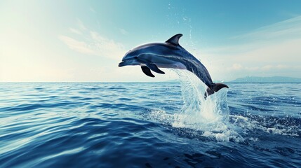 Fototapeta premium Graceful dolphin leaping out of the ocean, sparkling water, clear blue sky, dynamic movement, marine wildlife, freedom and joy, copy space.