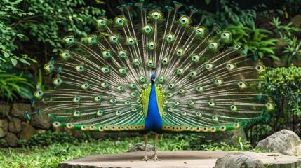 Obraz premium Colorful peacock displaying its feathers, vibrant blues and greens, intricate patterns, natural garden setting, regal pose, isolated beauty, copy space.