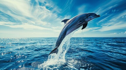 Graceful dolphin leaping out of the ocean, sparkling water, clear blue sky, dynamic movement, marine wildlife, freedom and joy, copy space.