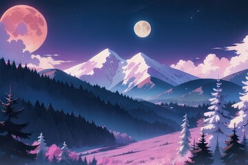 Peaceful night in the mountains with a breathtaking pink moon shining brightly over the snow-covered landscape, creating a serene ambiance.