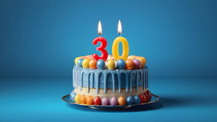 30th birthday cake with blue frosting, colorful sprinkles, and burning candles, isolated on blue background