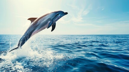 Graceful dolphin leaping out of the ocean, sparkling water, clear blue sky, dynamic movement, marine wildlife, freedom and joy, copy space.
