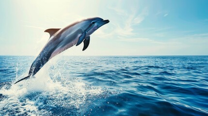Fototapeta premium Graceful dolphin leaping out of the ocean, sparkling water, clear blue sky, dynamic movement, marine wildlife, freedom and joy, copy space.