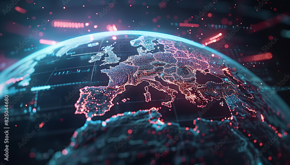 Aufkleber futuristic digital globe focused on europe, showcasing bright lights and lines representing data exc