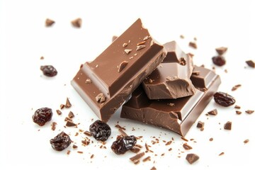 Delicious milk chocolate pieces with scattered raisins on a white background