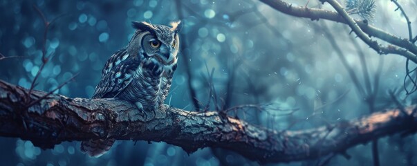 Wise owl perched on a tree branch, large eyes, detailed feathers, nighttime forest, moonlight casting shadows, mystical and serene, copy space.
