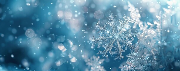 Fototapeta premium Macro shot of a detailed, intricate snowflake resting on a bed of snow with a sparkling, bokeh background.