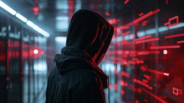 Mysterious hacker in a black hoodie, network cables and digital locks in the background