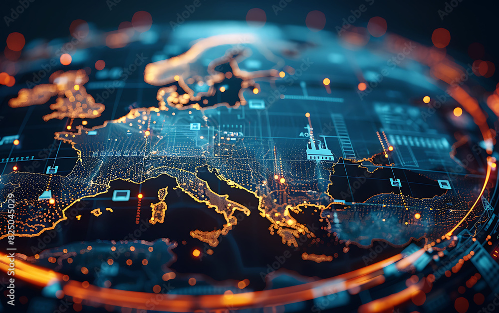 Leinwandbilder Digital globe centered on Europe with glowing points and lines illustrating global network connectivity and data transfer, capturing cyber technology and information exchange