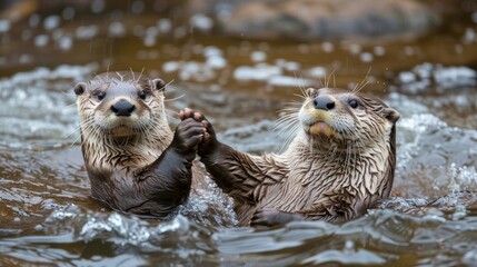 Playful otters holding hands in a river, floating on their backs, natural habitat, clear water, cute and endearing, peaceful moment, copy space.