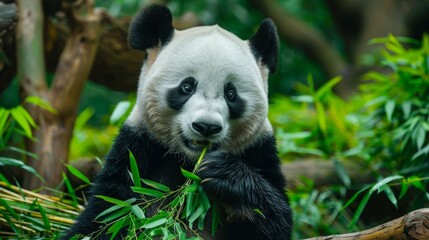 Obraz premium Gentle giant panda eating bamboo, lush green forest background, black and white fur, calm and serene, wildlife conservation, natural habitat, copy space.