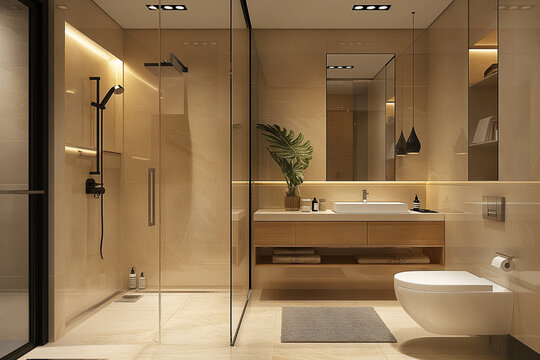 Bathroom interior, Minimalistic Italian design, Natural stone textures,