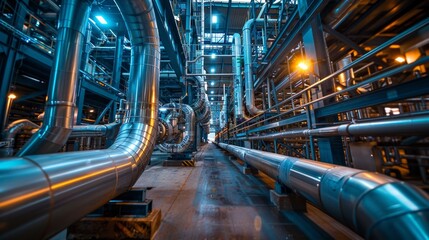 Obraz premium High-tech factory with glistening steel pipes, highlighting industrial might and precision engineering