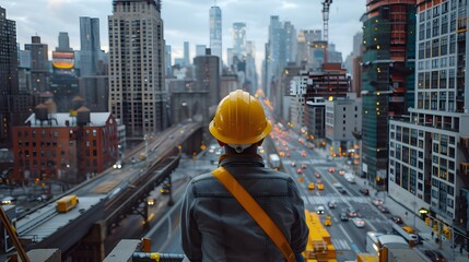 A construction engineer wearing a helmet is looking at the city skyline from an elevated platform, surrounded by modern buildings and busy streets below.
