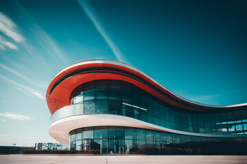 Curved building with red roof and blue sky.