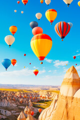 Group of hot air balloons flying over desert landscape.