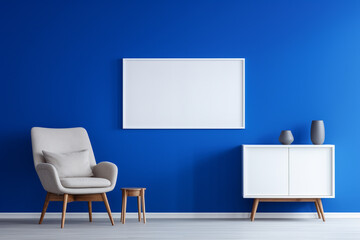 A minimalist space with a bold cobalt blue wall, simple furniture, and an empty white frame mockup as a decorative element.