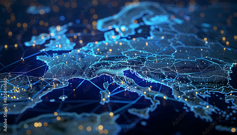 Fototapete Advanced digital globe focusing on Europe, featuring illuminated lines and points representing global network connections and data transfer, emphasizing cyber technology