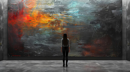 Woman stand near blank black wall mockup in modern white gallery. Girl walk near dark big stand...