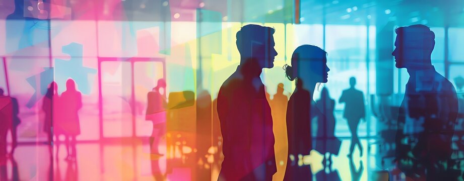 Double exposure of digital identity, a business man and woman standing in an office with people around them, in the style of abstract graphic design, colorful background.