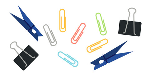 Collection Of Various Paper Clips On White Background, School Accessories Vector Illustration.	