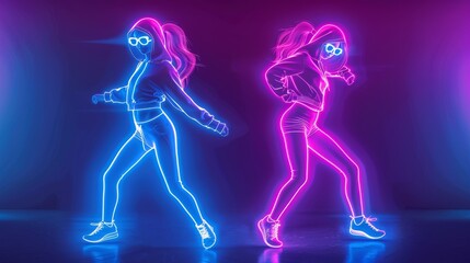 Two girls in neon colors dance energetically on a stage, with a transparent background