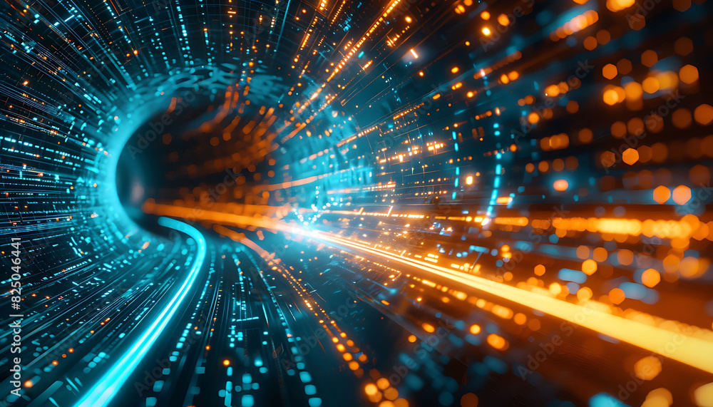 Fototapete Abstract representation of high-speed global data transfer, featuring a dynamic tunnel-like effect with bright blue and orange lights, emphasizing ultra-fast broadband