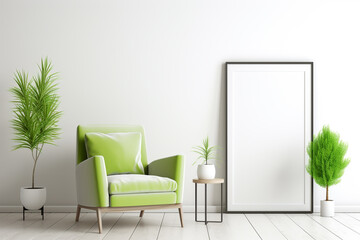 A minimalistic living room with a splash of lime green, simple furniture, and an empty white frame mockup on a clean wall.