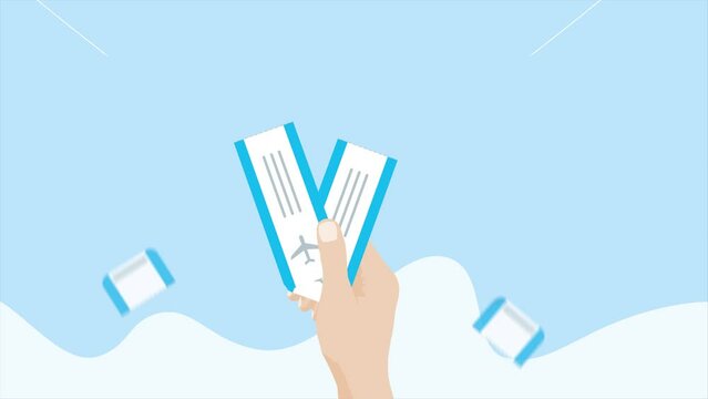 Hand with two air tickets. Online booking concept with airplane. Flat design, blue sky background. Holiday travel theme animation.