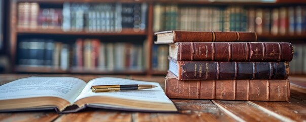 Law books stacked on lawyers desk, open notebook, pen beside, traditional office setting, legal research and writing, focused and detailed, copy space.