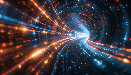 Naklejka premium Abstract representation of high-speed global data transfer, featuring a dynamic tunnel-like effect with bright blue and orange lights, emphasizing ultra-fast broadband