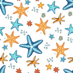Marine pattern. Fish, anchor, octopuses, sharks, whales. Vector seamless pattern with decorative sea elements. Vintage background
