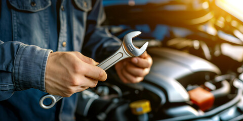 a mechanic holding tool in front of an open car hood