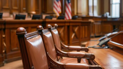 Courtroom interior with empty jury box, wooden furniture, judges bench, American flag, legal setting, serious atmosphere, justice system, copy space.